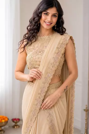 Beige georgette embroidered saree with sequins work