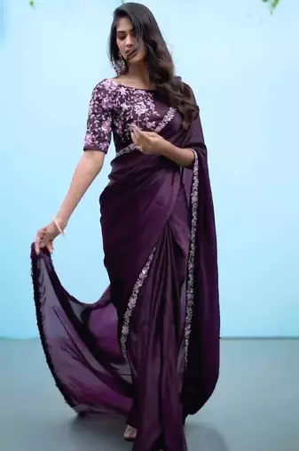 Purple silk blend embroidered saree with sequins work