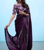 Purple silk blend embroidered saree with sequins work