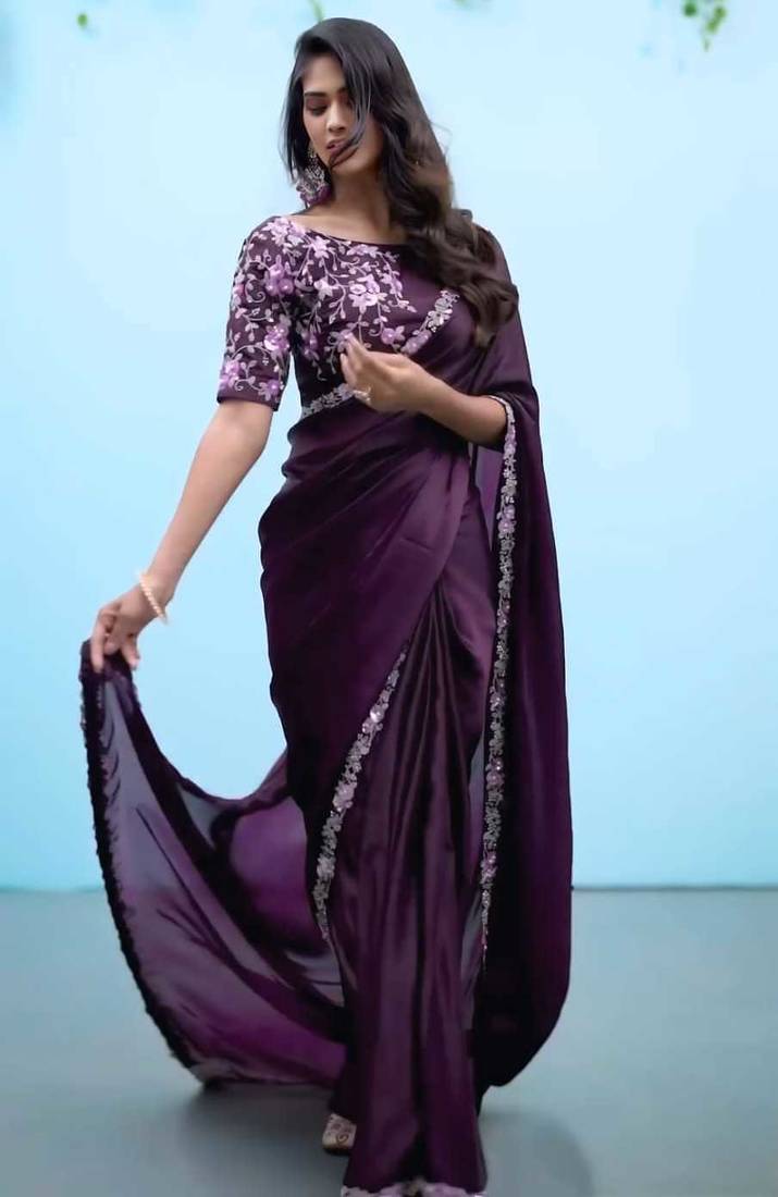 Purple silk blend embroidered saree with sequins work