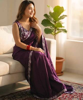 Purple silk blend embroidered saree with sequins work 3