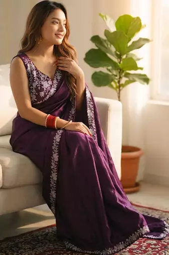 Purple silk blend embroidered saree with sequins work