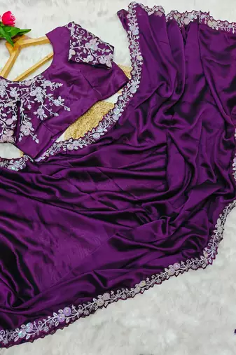 Purple silk blend embroidered saree with sequins work