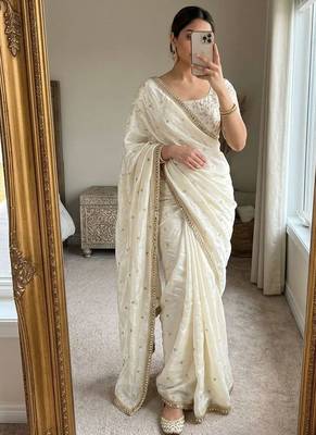 Cream satin embroidered saree with sequins work 1