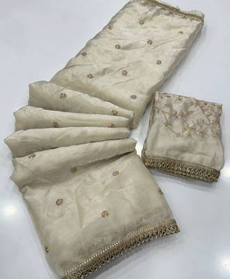 Cream satin embroidered saree with sequins work 2