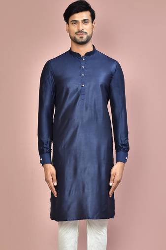 navy blue cotton silk  kurta with  cuff and fancy buttons