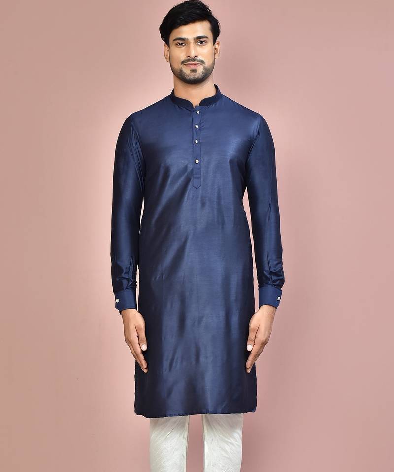 navy blue cotton silk  kurta with  cuff and fancy buttons
