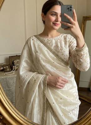 Cream satin embroidered saree with sequins work 4