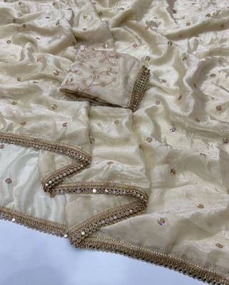 Cream satin embroidered saree with sequins work 5