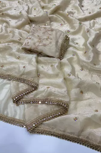 Cream satin embroidered saree with sequins work