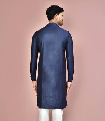 navy blue cotton silk  kurta with  cuff and fancy buttons 3