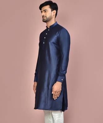 navy blue cotton silk  kurta with  cuff and fancy buttons 4