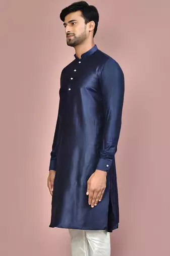 navy blue cotton silk  kurta with  cuff and fancy buttons
