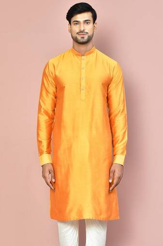 mustard cotton silk  kurta with  cuff and fancy buttons
