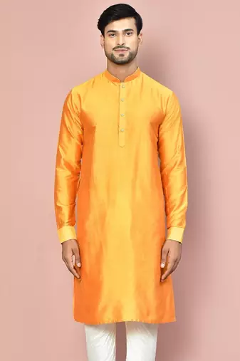 mustard cotton silk  kurta with  cuff and fancy buttons
