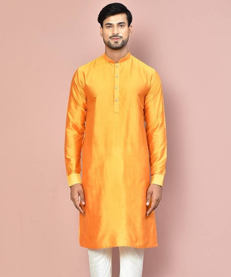 mustard cotton silk  kurta with  cuff and fancy buttons