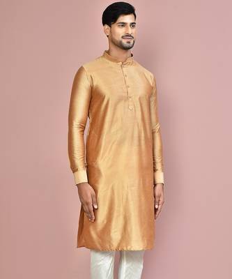 mustard cotton silk  kurta with  cuff and fancy buttons 2