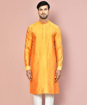 mustard cotton silk  kurta with  cuff and fancy buttons 4