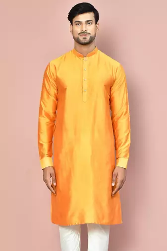 mustard cotton silk  kurta with  cuff and fancy buttons
