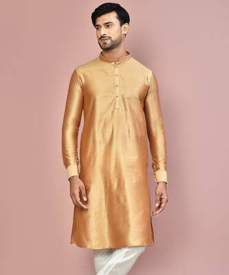 beige cotton silk  kurta with  cuff and fancy buttons 1
