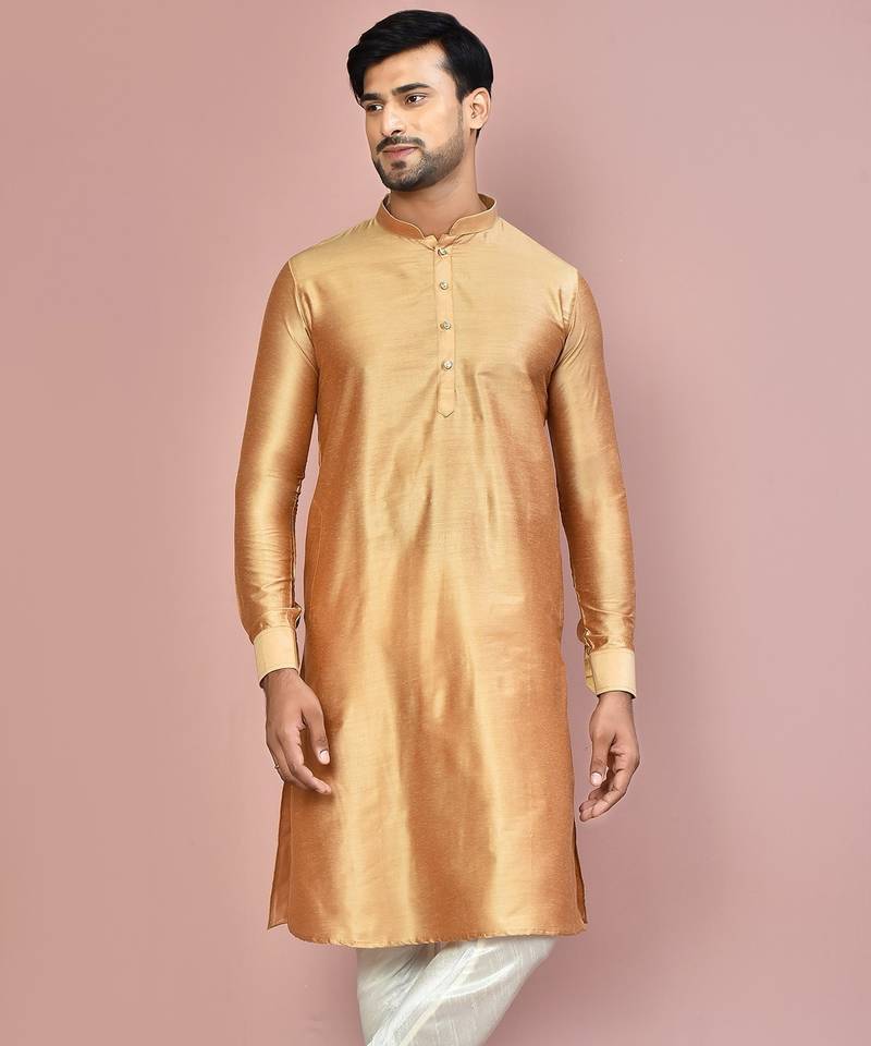 beige cotton silk  kurta with  cuff and fancy buttons