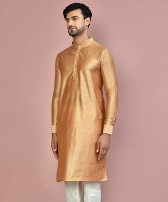 beige cotton silk  kurta with  cuff and fancy buttons 2