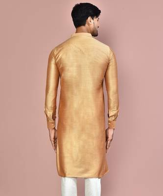 beige cotton silk  kurta with  cuff and fancy buttons 3