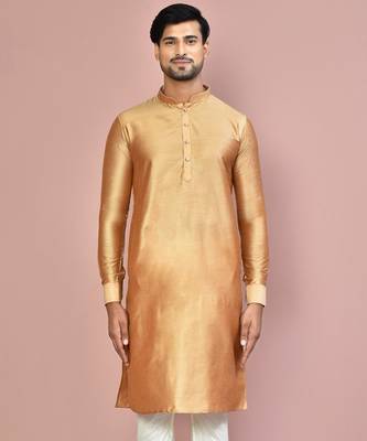 beige cotton silk  kurta with  cuff and fancy buttons 4