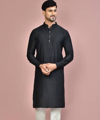 black cotton silk  kurta with  cuff and fancy buttons 1