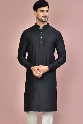 black cotton silk  kurta with  cuff and fancy buttons