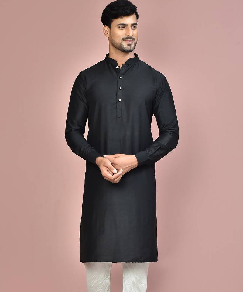 black cotton silk  kurta with  cuff and fancy buttons