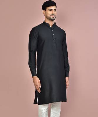 black cotton silk  kurta with  cuff and fancy buttons 2