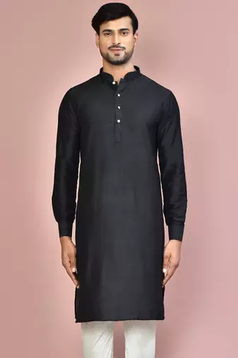 black cotton silk  kurta with  cuff and fancy buttons