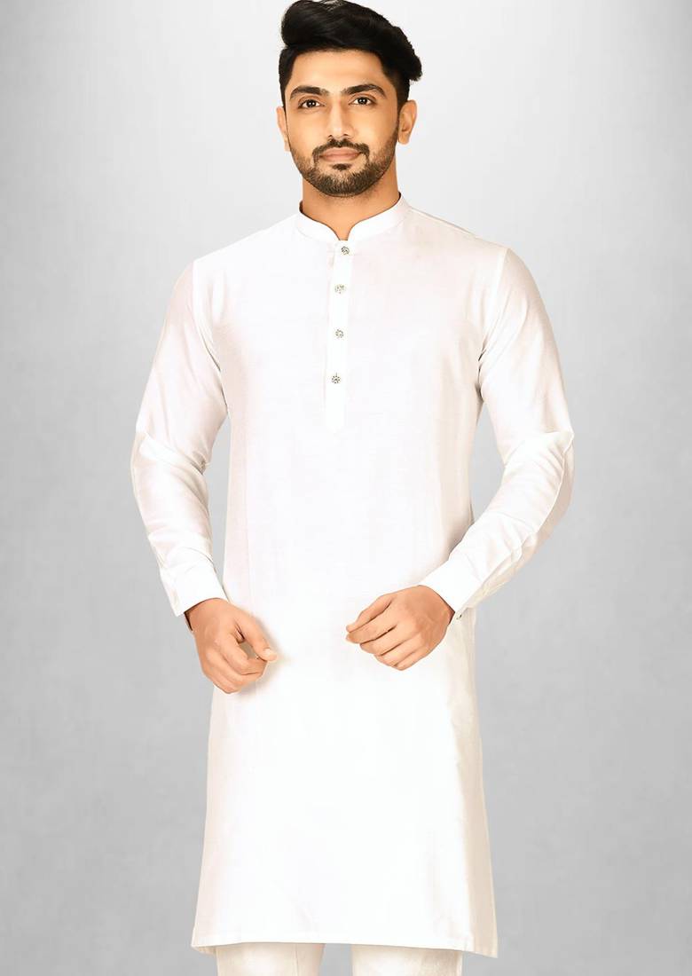 white cotton silk  kurta with  cuff and fancy buttons