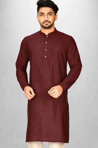 red cotton silk kurta with  cuff and fancy buttons