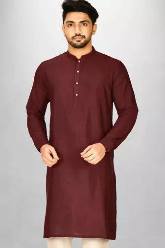 red cotton silk kurta with  cuff and fancy buttons