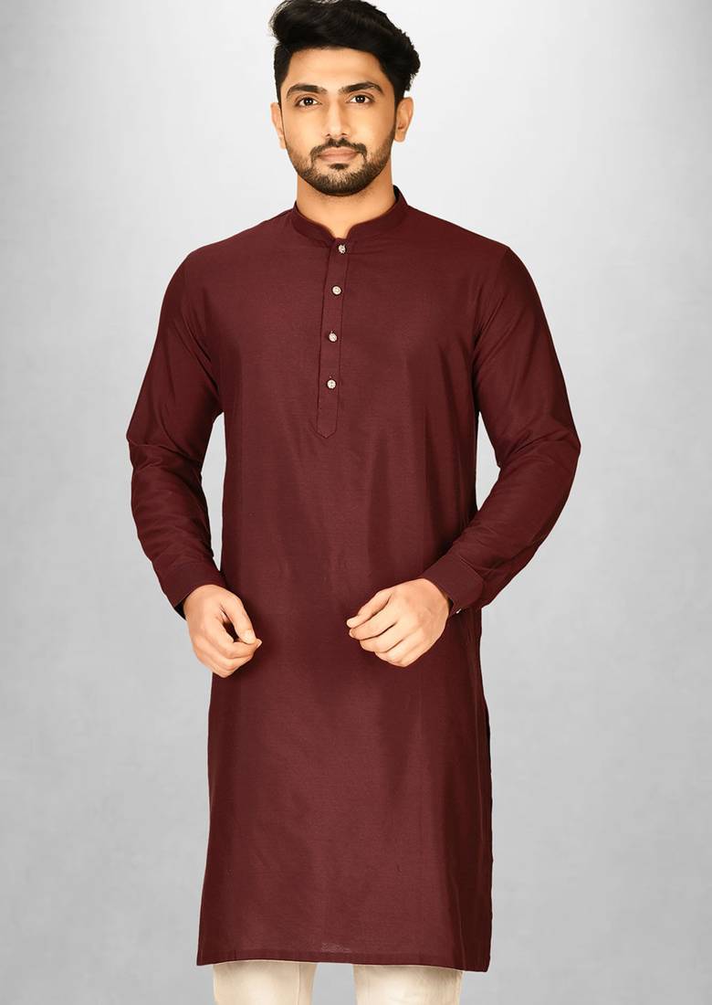 red cotton silk kurta with  cuff and fancy buttons