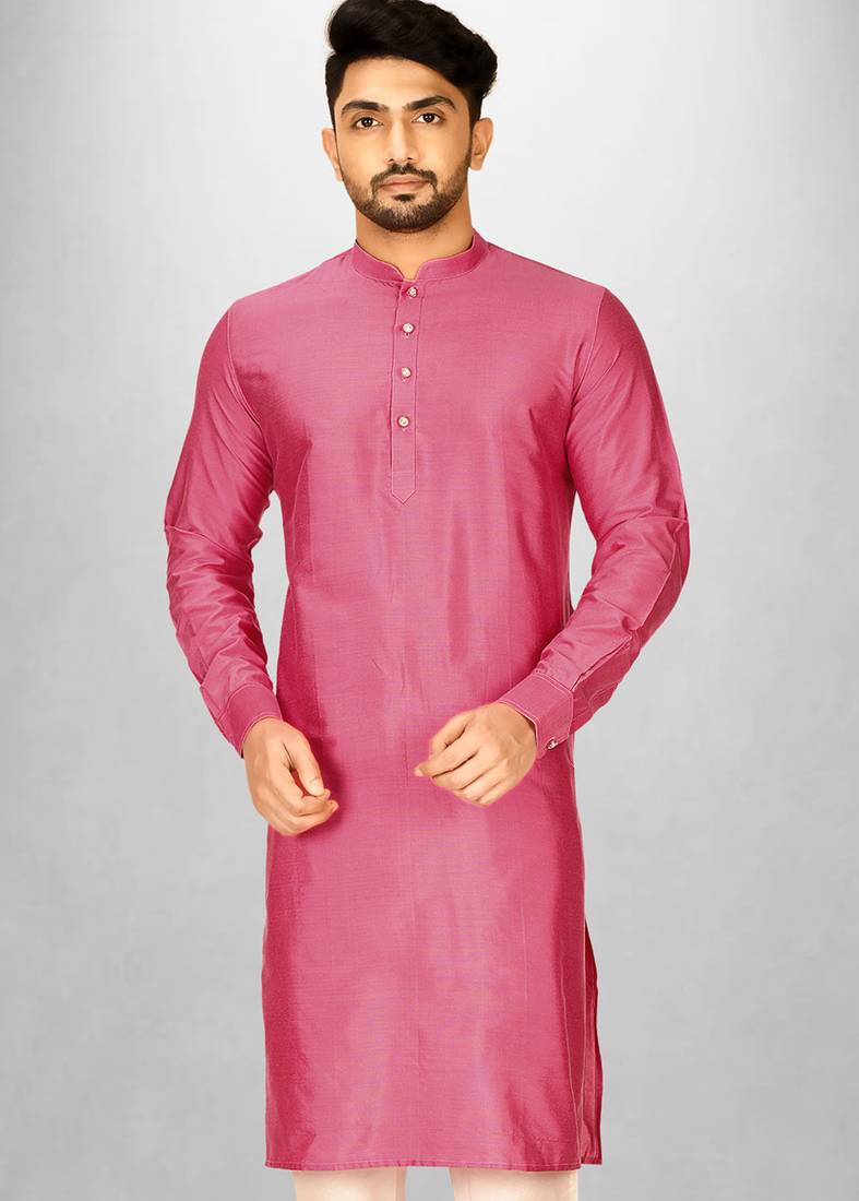 pink cotton silk kurta with  cuff and fancy buttons