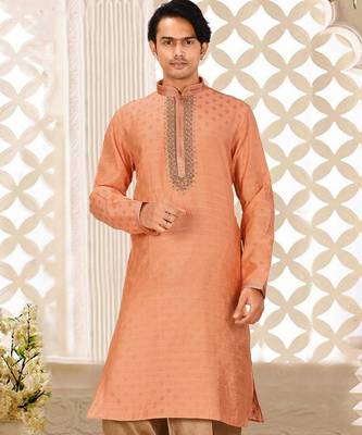 Dark orange cotton silk  kurta with pattern work&hand work 1