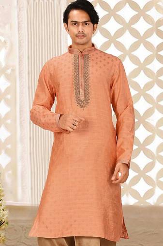 Dark orange cotton silk  kurta with pattern work&hand work