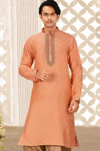 Dark orange cotton silk  kurta with pattern work&hand work