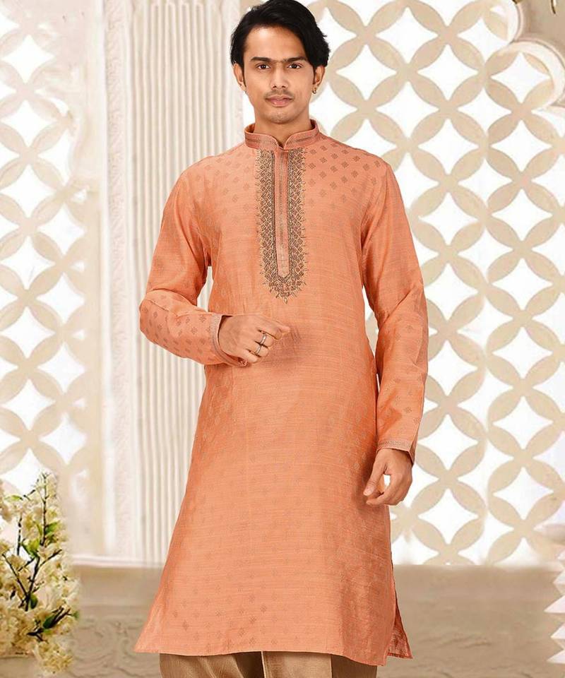Dark orange cotton silk  kurta with pattern work&hand work
