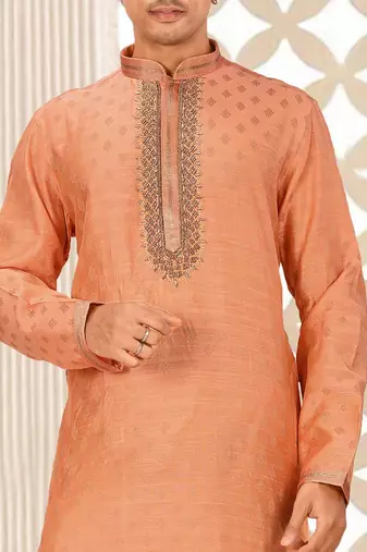 Dark orange cotton silk  kurta with pattern work&hand work