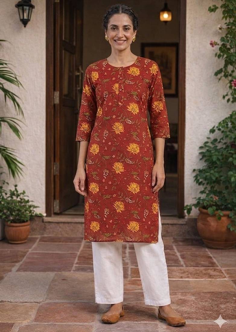 Red printed cotton kurti
