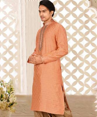 Dark orange cotton silk  kurta with pattern work&hand work 3