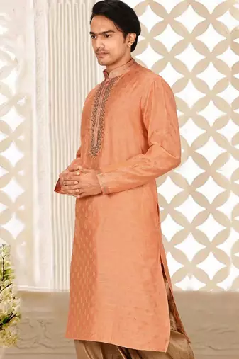 Dark orange cotton silk  kurta with pattern work&hand work