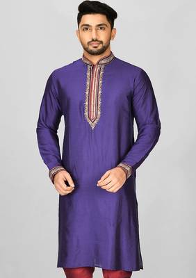 purple cotton silk  kurta with hand work on collor button neck and mohri 1