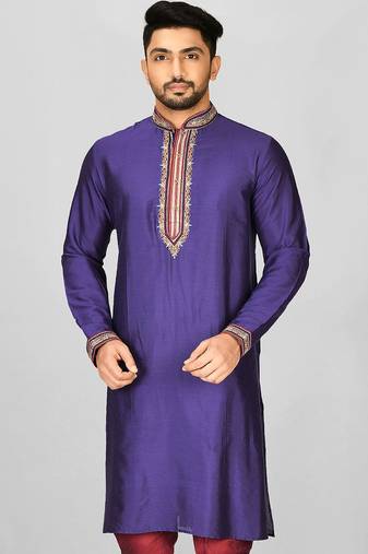 purple cotton silk  kurta with hand work on collor button neck and mohri