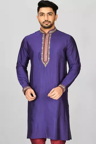 purple cotton silk  kurta with hand work on collor button neck and mohri