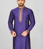 purple cotton silk  kurta with hand work on collor button neck and mohri